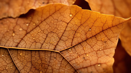 Macro shot of autumn leaf with water droplets. Autumn background. Generative AIの素材
