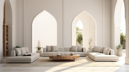 Interior of modern living room with white sofa and wooden coffee table. 3D render Generative AIの素材
