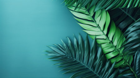 Tropical palm leaves on aquamarine background. Nature concept. Generative AIの素材