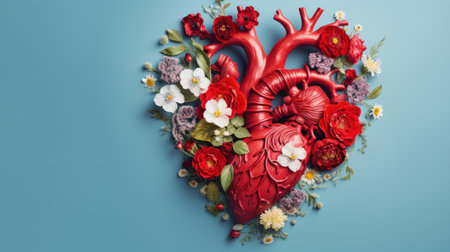Creative layout made of red human heart with flowers on blue background. Generative AIの素材
