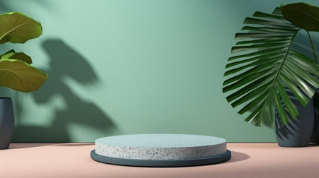 3d render of minimal scene with green podium and palm leaves. Generative AIの素材