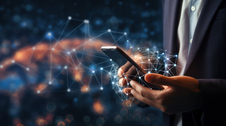 Close up of human hands using smartphone with glowing network interface. 3d rendering Generative AIの素材