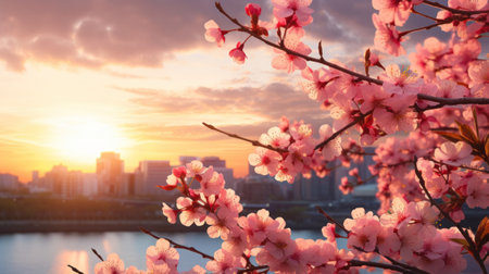 Beautiful pink sakura cherry blossom with sunset sky background. Generative AIの素材