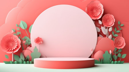 3d render of minimal product display podium with floral background. Abstract background for cosmetic products. Generative AIの素材