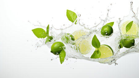Fresh lime with water splash isolated on white background. Top view. Generative AIの素材