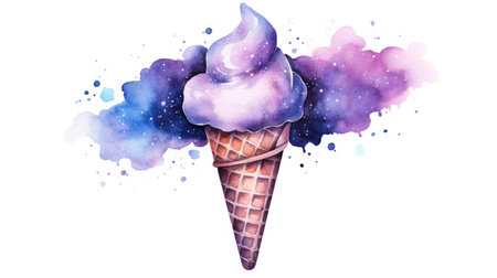 Watercolor ice cream in waffle cone on white background. Hand drawn illustration Generative AIの素材