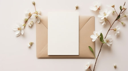 Blank greeting card mockup with envelope and spring flowers. Flat lay, top view Generative AIの素材