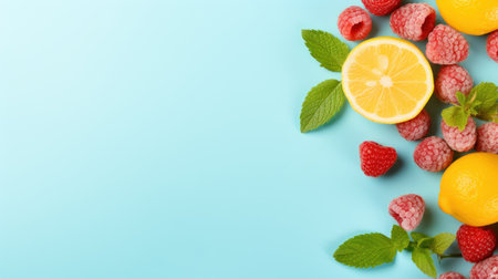 Raspberry, lemon and mint on blue background. Flat lay, top view. Generative AIの素材