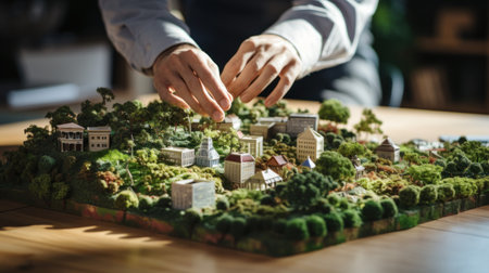 Miniature city with human hands on table. Construction and architecture concept Generative AIの素材