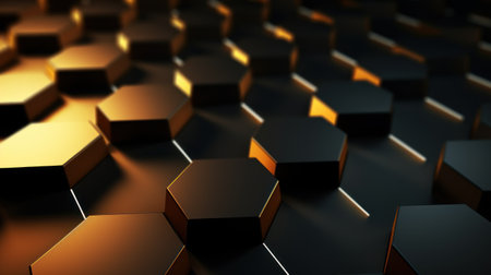 3d rendering of abstract metallic background with black and golden hexagons Generative AIの素材