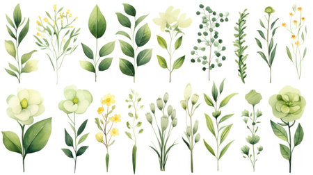 Watercolor set of hand drawn flowers and leaves isolated on white background Generative AIの素材