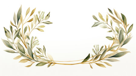 Watercolor Floral Illustration with Olive Branches Wreath AI Generatedの素材