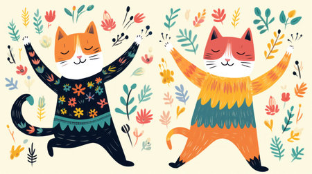 Cute hand drawn vector illustration with cats in knitted sweaters, flowers and plants. Generative AIの素材