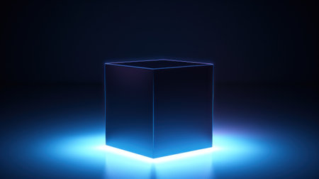 Neon cube in blue light. 3d rendering, 3d illustration. Generative AIの素材