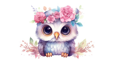 Watercolor Cute Boho Owls: Owl with Flowers on Head in Forest Baby Animal Print AI Generatedの素材