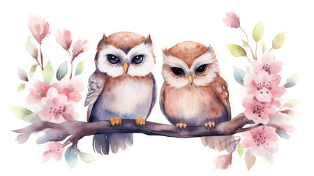Watercolor Cute Boho Owls in a Forest AI Generatedの素材
