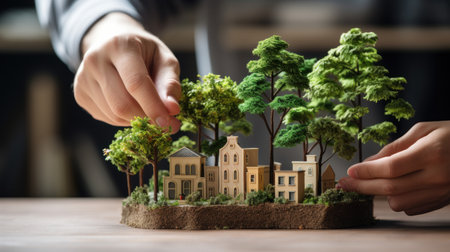 The concept of real estate development. Miniature model of city with trees. Generative AIの素材