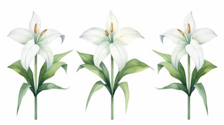 White lily flowers isolated on white background. Watercolor illustration. Generative AIの素材
