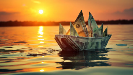 Money boat made of dollars floating on the water at sunset background. Business concept Generative AIの素材