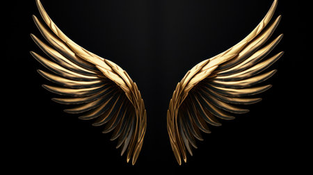 Gold wings on a black background. 3d rendering, 3d illustration. Generative AIの素材