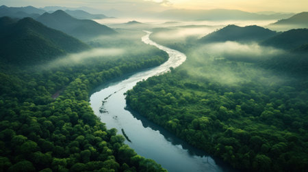 Mountain landscape with a river in a misty valley at sunrise Generative AIの素材