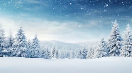 Winter landscape with snowy fir trees. Christmas background. 3d render Generative AIの素材
