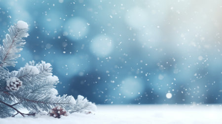 Christmas background with fir branches covered with snow and falling snowflakes Generative AIの素材