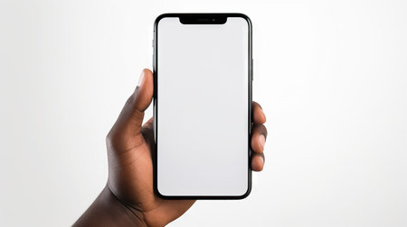 Mockup image of a hand holding a black smartphone with blank screen isolated on white background Generative AIの素材