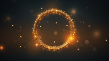 Glowing golden circle with sparkles on dark background. Vector illustrationの素材