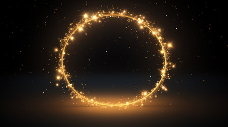 Glowing golden circle frame with sparkles on dark background. illustration Generative AIの素材