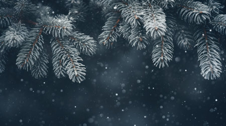 Fir branches covered with hoarfrost on a dark background. Generative AIの素材