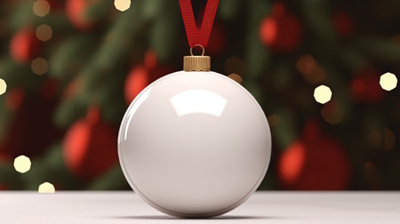 3d render of white christmas bauble with red ribbon on bokeh background Generative AIの素材