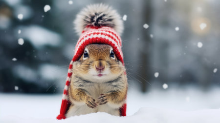 Cute squirrel in a red hat on a background of the winter forest. Generative AIの素材