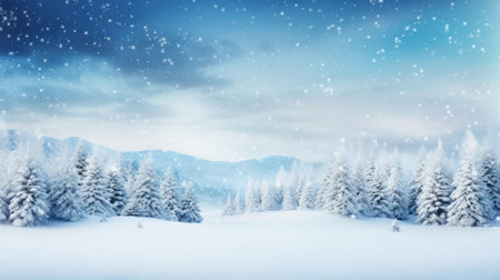 Winter landscape with snowy fir trees and snowflakes. illustration. Generative AIの素材