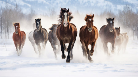 Minimalistic Image of Rodeo Horses Running Through Winter Meadow in Kalispell, Montana AI Generatedの素材