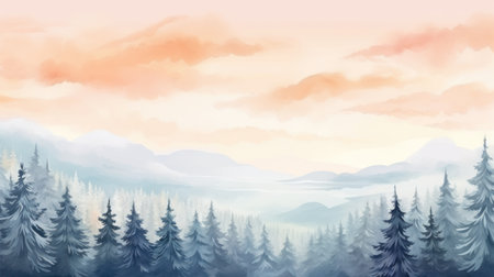Winter Landscape Wallpaper with Snow-Covered Pine Forest and Scenic Sunset Sky AI Generatedの素材