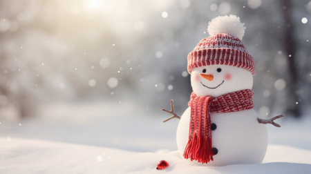 Little Snowman in a Cap and Scarf on Snow in Winter - Christmas Card with a Lovely Snowman AI Generatedの素材