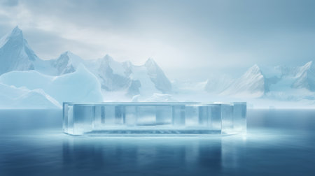 Abstract Iceberg Mountain Landscape with Product Display Table AI Generatedの素材