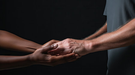 African American man and woman holding hands on black background, closeup Generative AIの素材