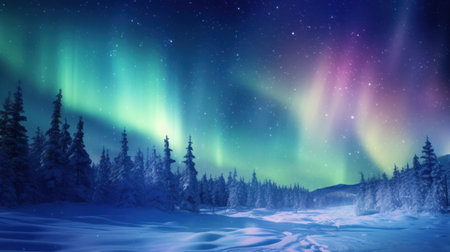 Enchanting Winter Wonderland with Golden Blue Lights and the Northern Lights AI Generatedの素材