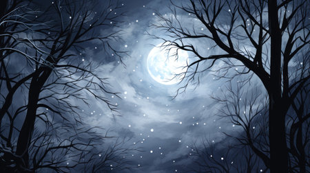 Moonlight and Snow Through the Trees AI Generatedの素材