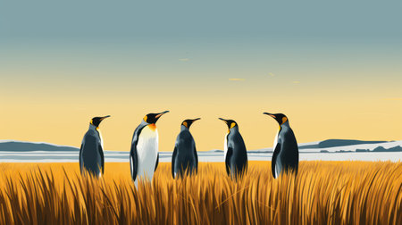 Minimalistic Image of King Penguins on Salisbury Plains AI Generatedの素材