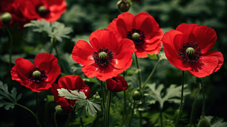 Red poppies on the background of green grass. Toned. Generative AIの素材