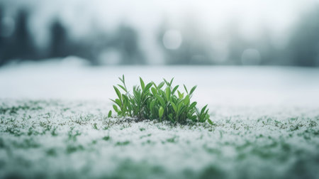Moody Green Grass Growing Through Snow on Golf Course in Winter with Bush in Background AI Generatedの素材