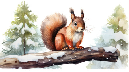 Watercolor squirrel in winter forest. Hand painted illustration isolated on white background Generative AIの素材