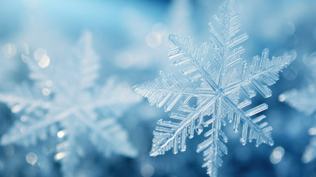Winter Wonderland: Closeup Macro Image of Snowflakes on a Snowy Holiday Background AI Generatedの素材