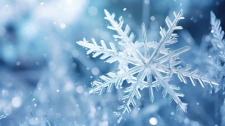 Winter Wonderland: Closeup Macro Image of Snowflakes on a Snowy Holiday Background AI Generatedの素材