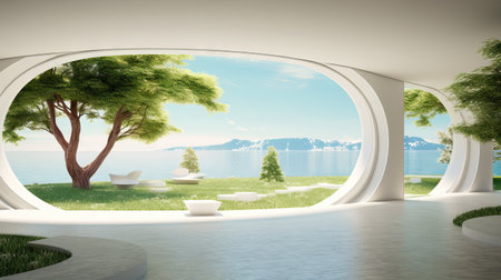 interior with sea view, swimming pool and white sofa 3d render Generative AIの素材