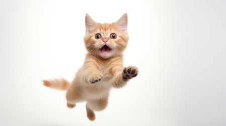 Jumping Happy Cat on White Background AI Generatedの素材