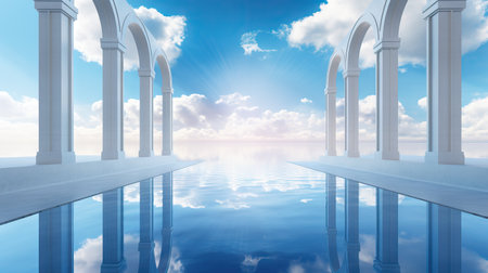 Concept or conceptual 3D abstract blue sky background with white clouds and arches over waterの素材